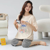 HKM-444435 2pcs Pajamas for Women Set Summer Short Sleeves Seven-point Pants Night Wear Suit Soft Cotton Comfortable Women's Sleepwear