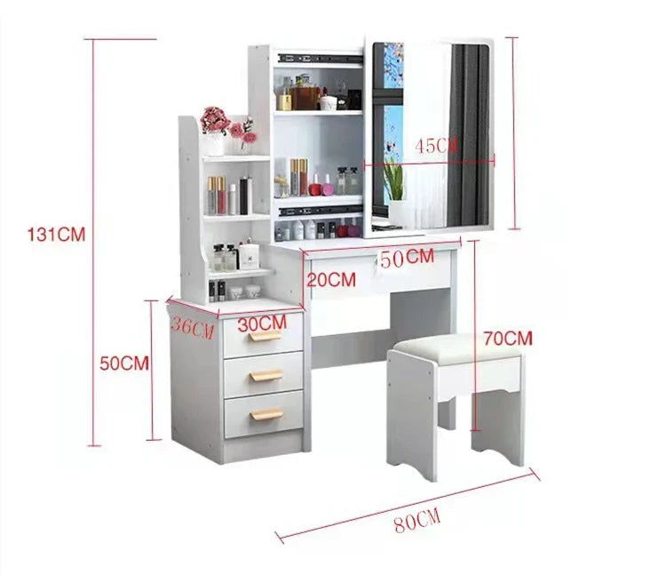 KTX-432403 Wooden Makeup Desk Vanity Set with Cushioned Stool and Round Mirror