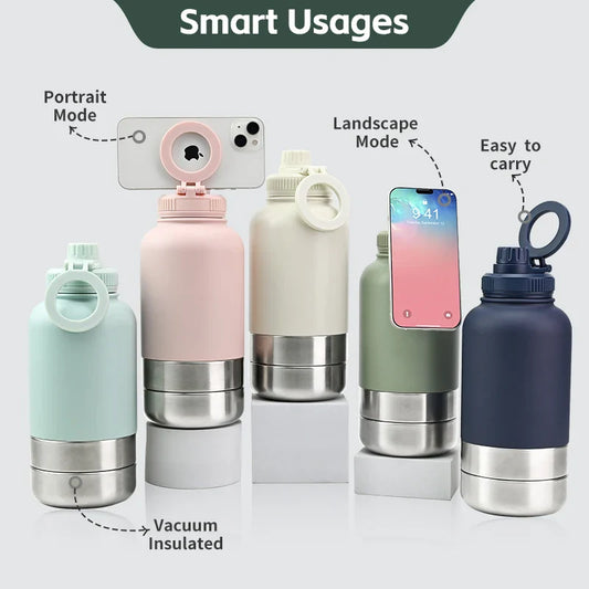 HKM-387923 32oz Stainless Steel Insulated Water Bottle with Magnetic Lid and Dual Bowls for Dogs