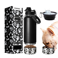 HKM-355155 Stainless Steel 32oz Portable Dog Water Bottle with Foldable Travel Bowl and Storage Bottom