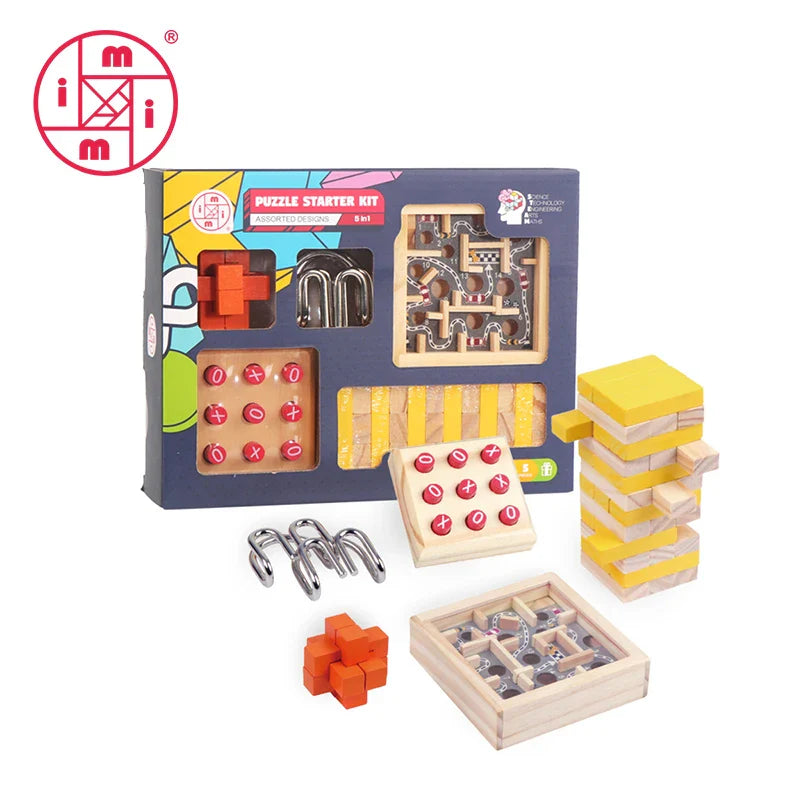 KTX-620371 5-in-1 Wooden Block Puzzle Set with Metal Ring Brain Teaser for Kids