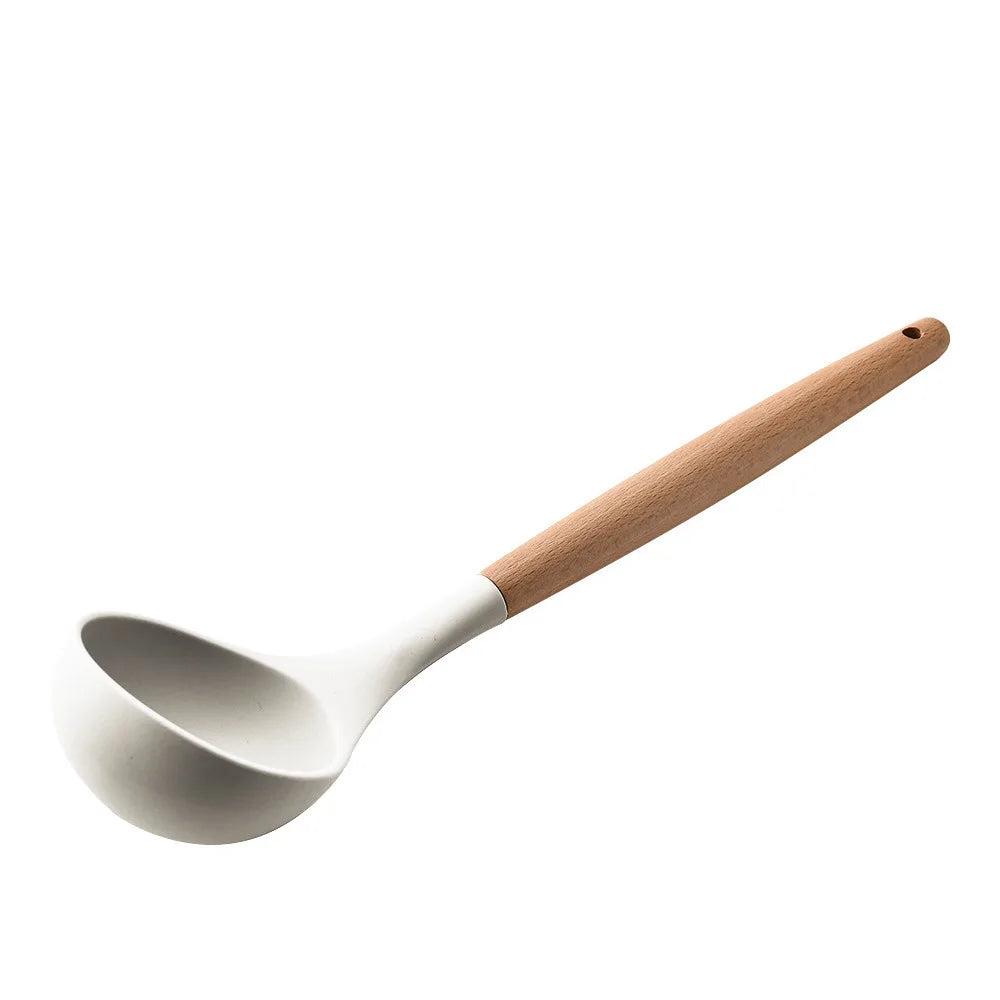 KTX-378387 Creamy White Wooden Handle Nonstick Silicone Kitchen Utensils - 11 Piece Cooking Tool Set