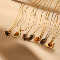 HKM-806035 Vintage Tiger's Eye Stone Pendant Necklace Geometric Opal Stainless Steel Necklace Neutral Fashion Jewelry