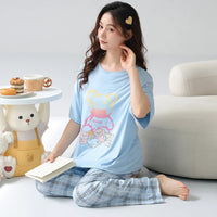 HKM-870419 Perfect Quality Nightclothes Cartoon Pyjamas Women'S Sleepwear Home Wear 2 Piece Set Short Sleeve Trouser Loose Pajamas
