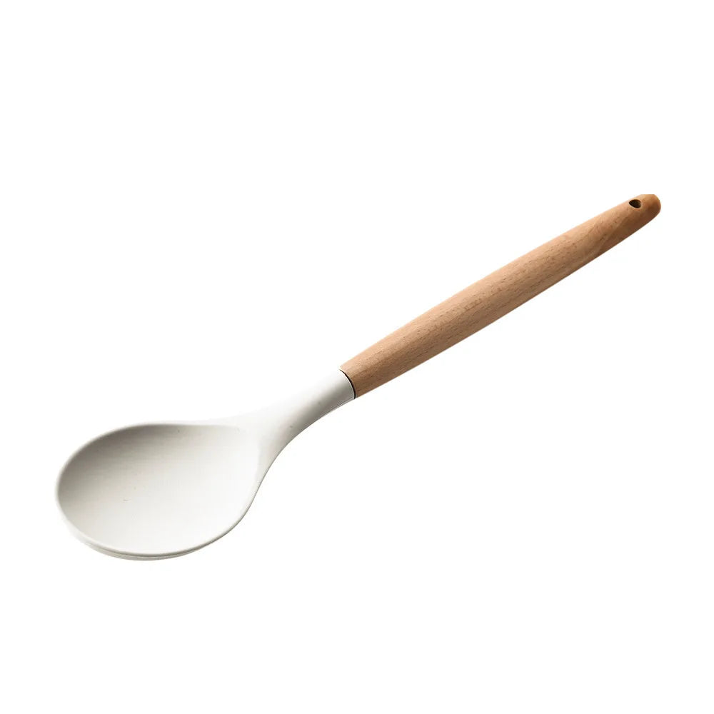 KTX-378387 Creamy White Wooden Handle Nonstick Silicone Kitchen Utensils - 11 Piece Cooking Tool Set