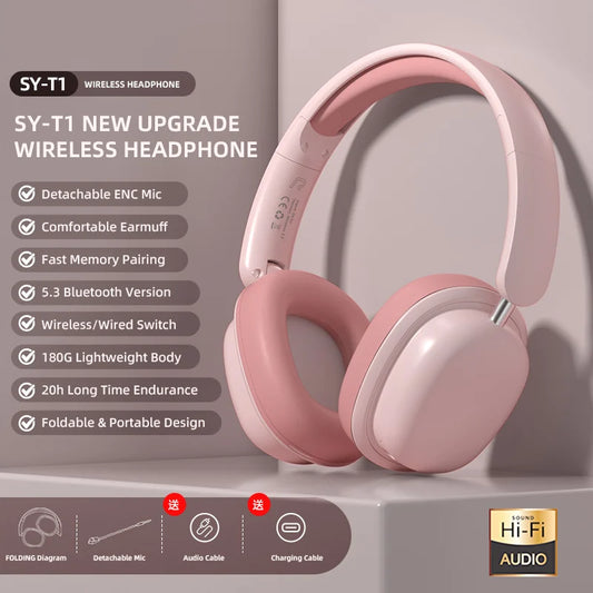 KTX-037011 Foldable Wireless Bluetooth 5.3 Headphones with Detachable Microphone for Music and Calls