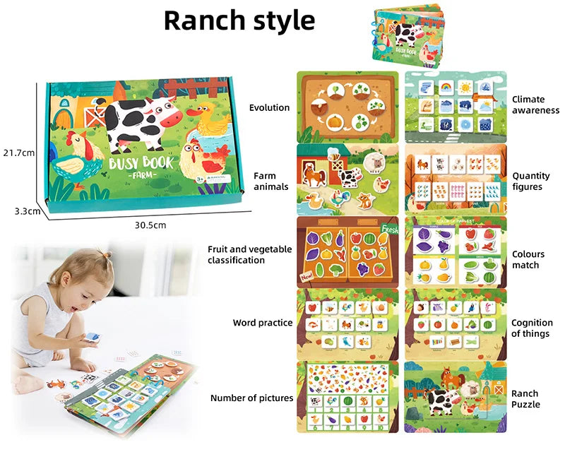 HKM-099923 Early Learning Montessori Busy Book for Toddlers, Activity Book with Farm Themes, Educational Interactive Toy