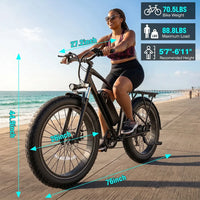 HKM-0081363 Electric Bike 750W Motor 48V 18Ah Battery 28 Mile Range 26-Inch Fat Tires Disc Brakes 7-Speed Removable Battery Rear Rack