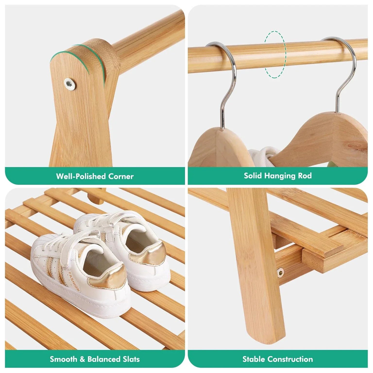 KTX-253779 Bamboo Children's Hanging Clothes Rack with Hat Storage for Bedroom and Wardrobe Organization