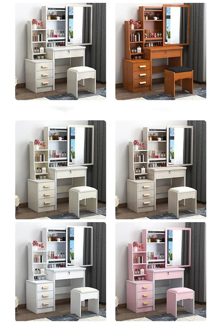 KTX-432403 Wooden Makeup Desk Vanity Set with Cushioned Stool and Round Mirror