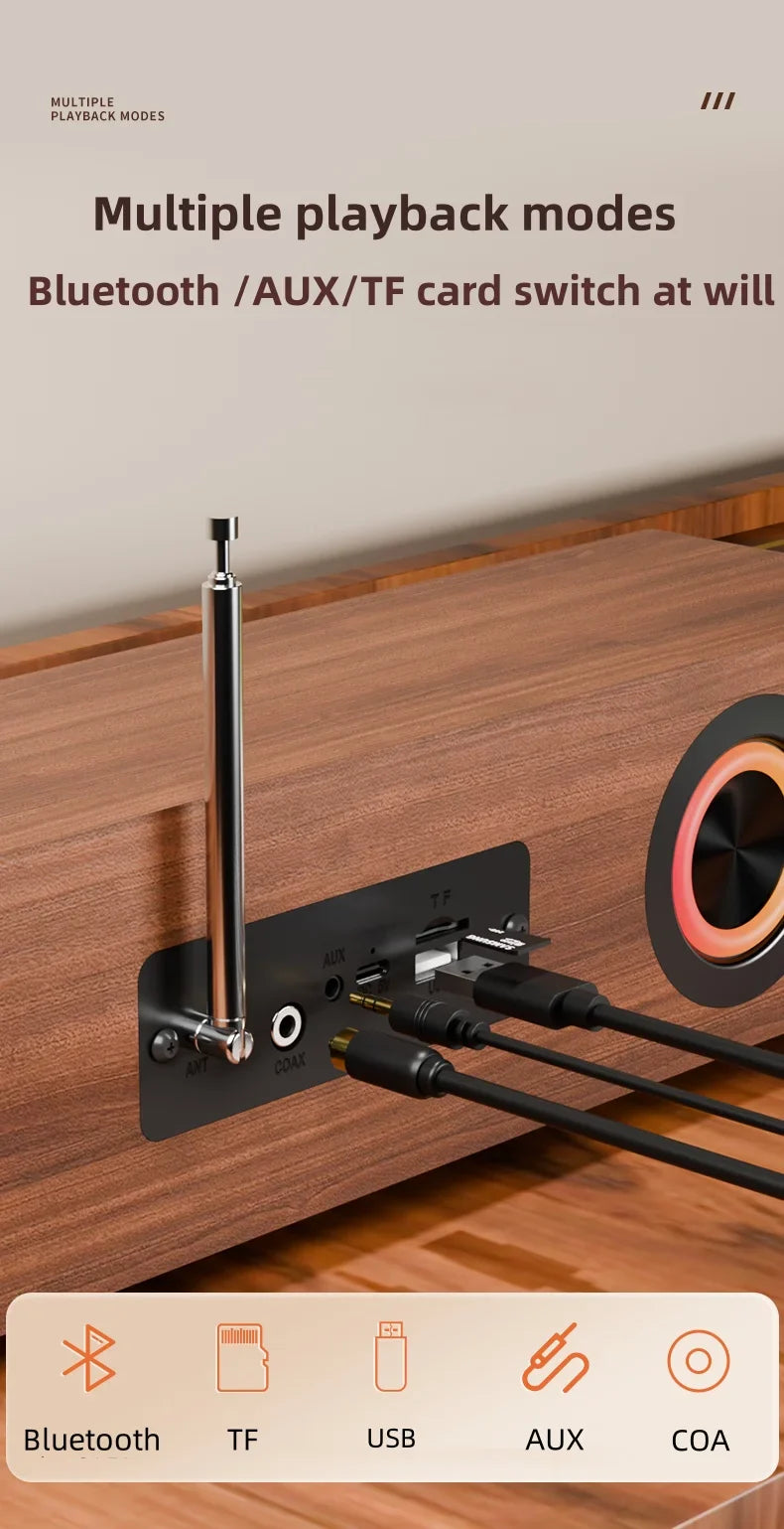 KTX-877779 Wooden Bluetooth Soundbar Speaker with FM Radio and Clock - 45W HIFI Stereo Music Surround for Outdoor Use