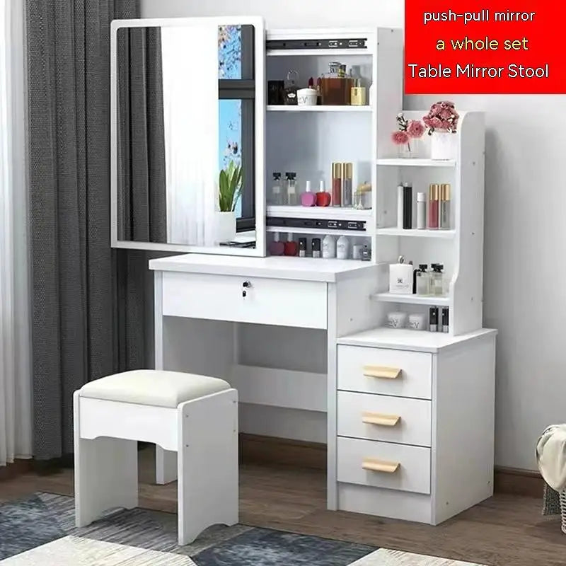 KTX-530707 Elegant Makeup Vanity Table with Mirror and Drawers, Complete with Stool for Bedroom