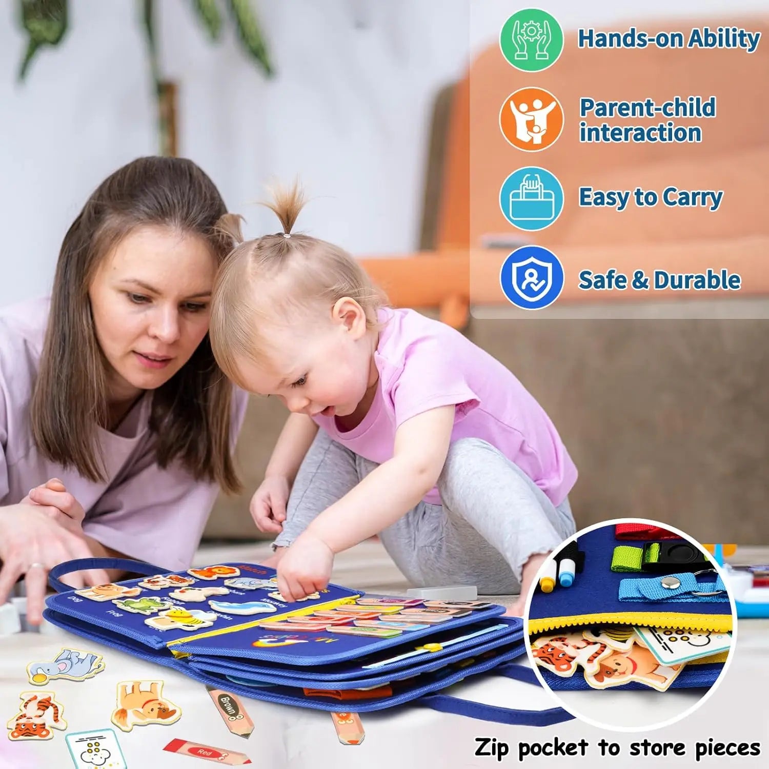 KTX-655443 Montessori Sensory Learning Busy Board for Toddlers Aged 1-3, Travel Activities Educational Toy