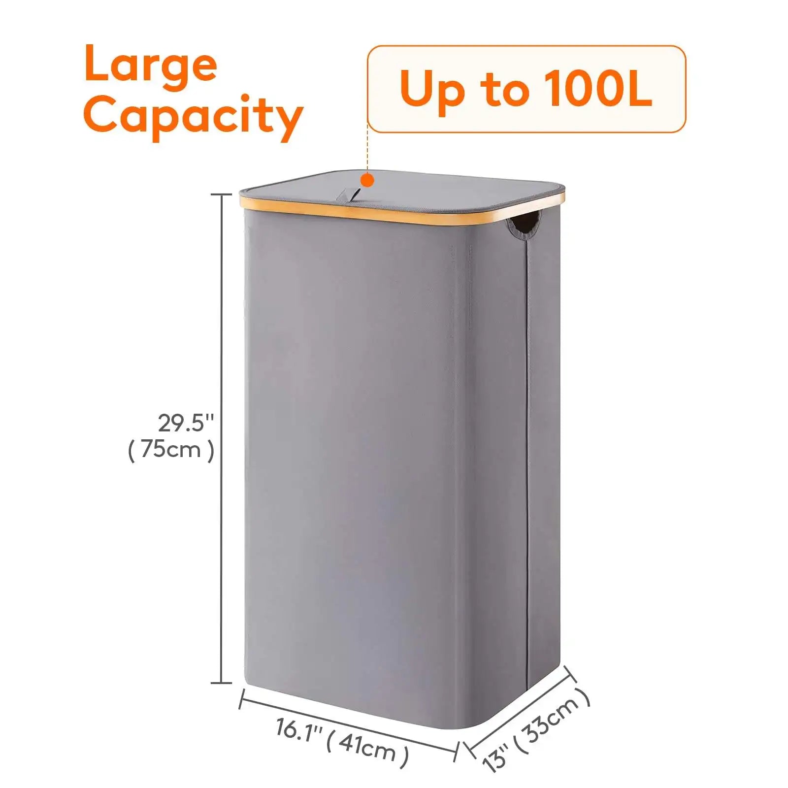 KTX-500115 Large Foldable 100L Laundry Basket with Lid and Bamboo Handles, Removable Laundry Bag Included