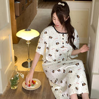 HKM-296403 New Buttons Thin Less Ladies Cotton Pajamas Summer Round Neck Short-sleeved Cartoon Women's Nightgown