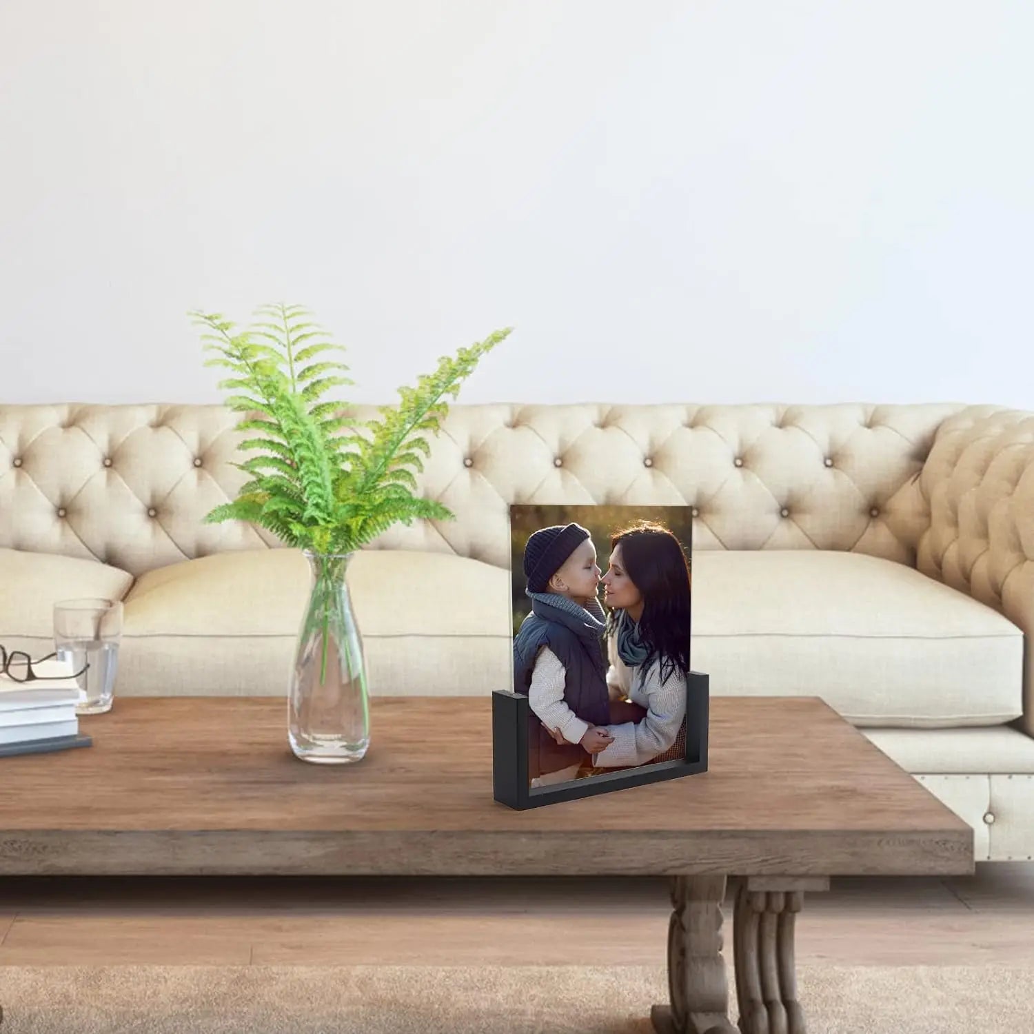 KTX-309395 Acrylic Photo Frame with Wooden U-Shaped Stand for Home and Office Décor