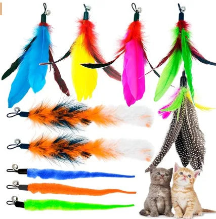 HKM-112275 Eco-Friendly Plush Cat Toy Set with Retractable Rod and Feather Replacement Head for Interactive Play