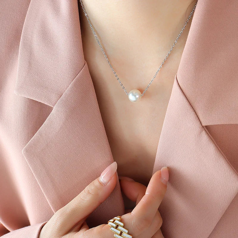 HKM-461395 Fashion Jewelry Gold Plated Freshwater Pearl Necklace Stainless Steel Chain Link Natural Pearl Pendant Necklace