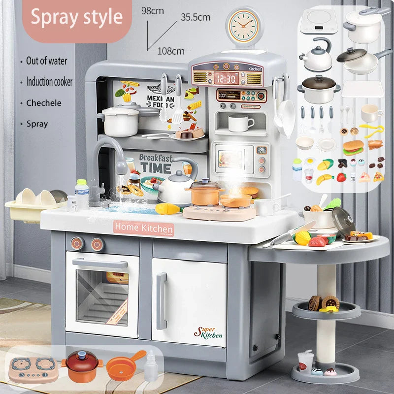 KTX-979987 Durable Plastic Pretend Play Kitchen Tableware Set with Sound, Light, and Water Features for Kids