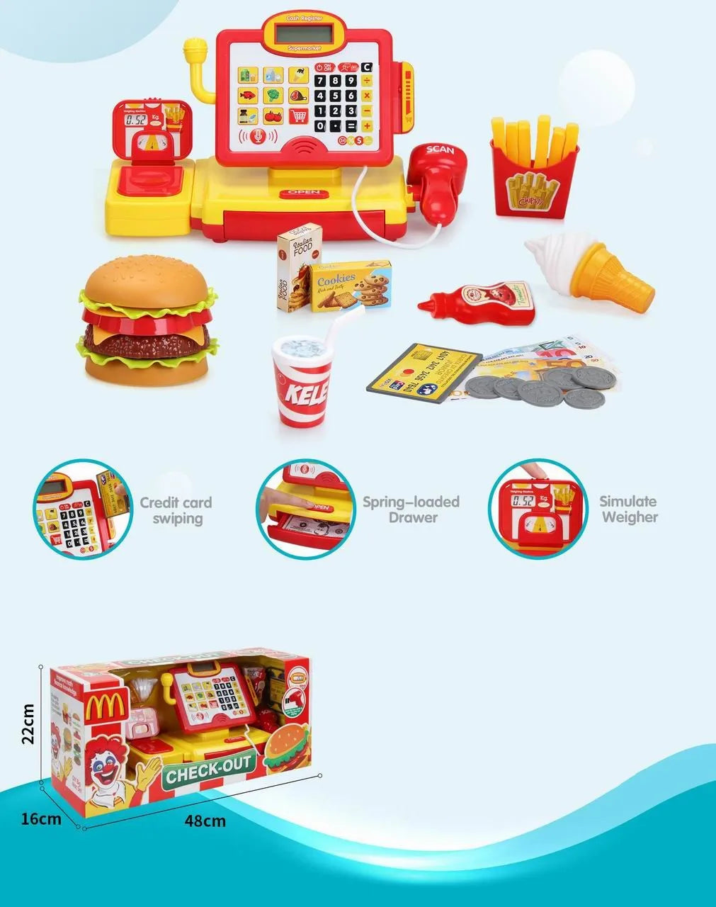 HKM-540563 Toy Cash Register for Kids - EPT Play Money Machine for Supermarket Role-Playing - Age 2 to 13 Years