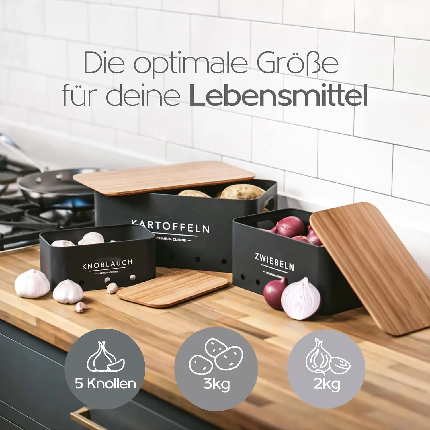 KTX-417619 Rectangle Bamboo Lid Potato, Onion, and Garlic Storage Pots, Carbon Steel Canister, Custom Sizes Available