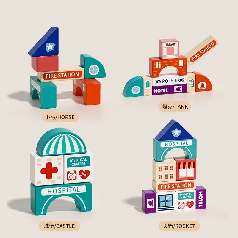 KTX-375187 Custom Wooden Educational Building Blocks for Kids - Urban Track Shape Intelligence Blocks