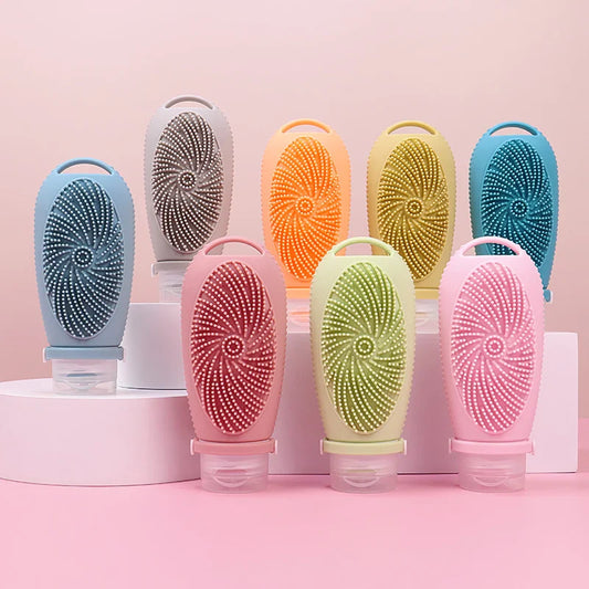 HKM-079315 Portable 100ML Reusable Silicone Travel Shampoo and Lotion Bottle with Cleaning Brushes