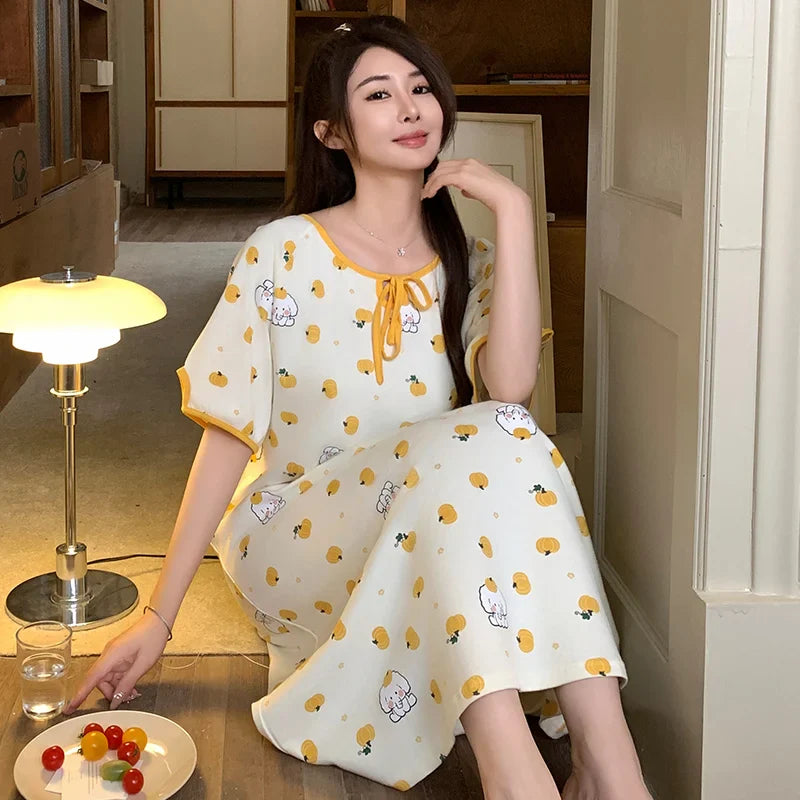 KTX-198099 Mid-length Fashion Nightdress Summer New Cotton Nightgown Cartoon Round Neck Short Sleeves Loose Loungewear Dress