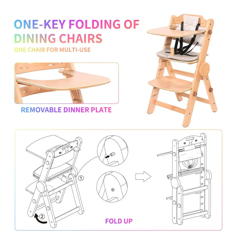 KTX-415443 Adjustable Wooden High Chair for Children - Folding Dining Chair