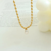HKM-133715 Temperament Jewelry Neutral Fashion Titanium Steel Gold-plated Oval Bead Chain Imitation Pearl Pendant Necklace