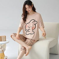 HKM-411667 Women's Pajama Set Short Sleeved and Cropped Pants Nighty With Pockets Sleepwear Cartoon Print Homewear