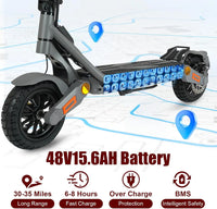 HKM-0300627 Electric Scooter 1200W Motor 48V 15.6Ah Battery 50 Mile Range 10-Inch All-Terrain Tires Dual Brakes Foldable Cruise Control