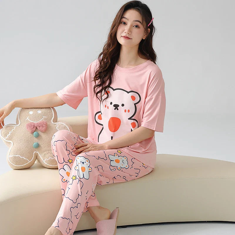 KTX-034259 Cartoon Ladies Night Wear Suits Sleep Wear Two-piece Cotton Comfortable Women Short Sleeved Trousers Pajamas Sets
