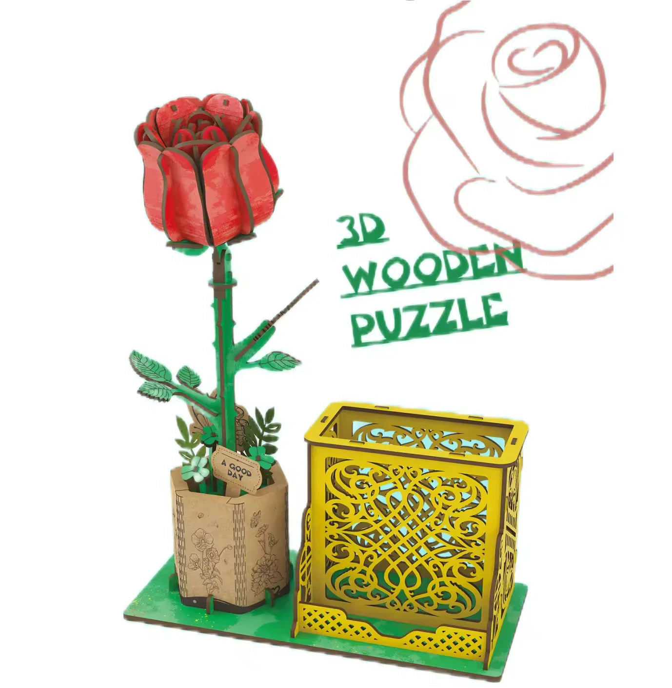 HKM-085267 3D Wooden Jigsaw Puzzle Flower Model Kit - Red Rose Educational Craft for Kids and Adults