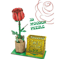 HKM-085267 3D Wooden Jigsaw Puzzle Flower Model Kit - Red Rose Educational Craft for Kids and Adults