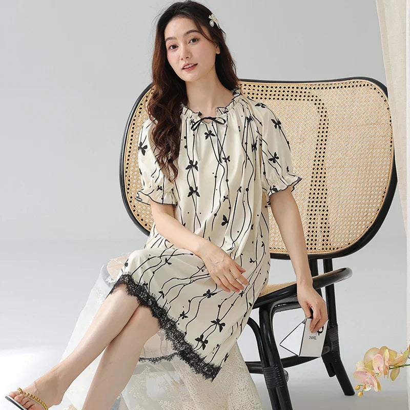 KTX-394707 2024 Summer Cotton Girls Nightgowns Lady Pajamas Sets for Women Short-sleeved Nightdress