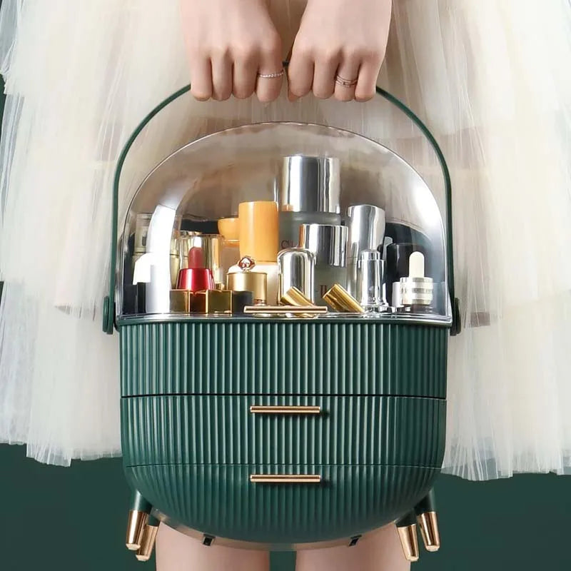 KTX-548691 360° Rotating Makeup Organizer with Lid and 2 Drawers – Space-Saving Skincare Storage Solution