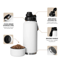 HKM-355155 Stainless Steel 32oz Portable Dog Water Bottle with Foldable Travel Bowl and Storage Bottom