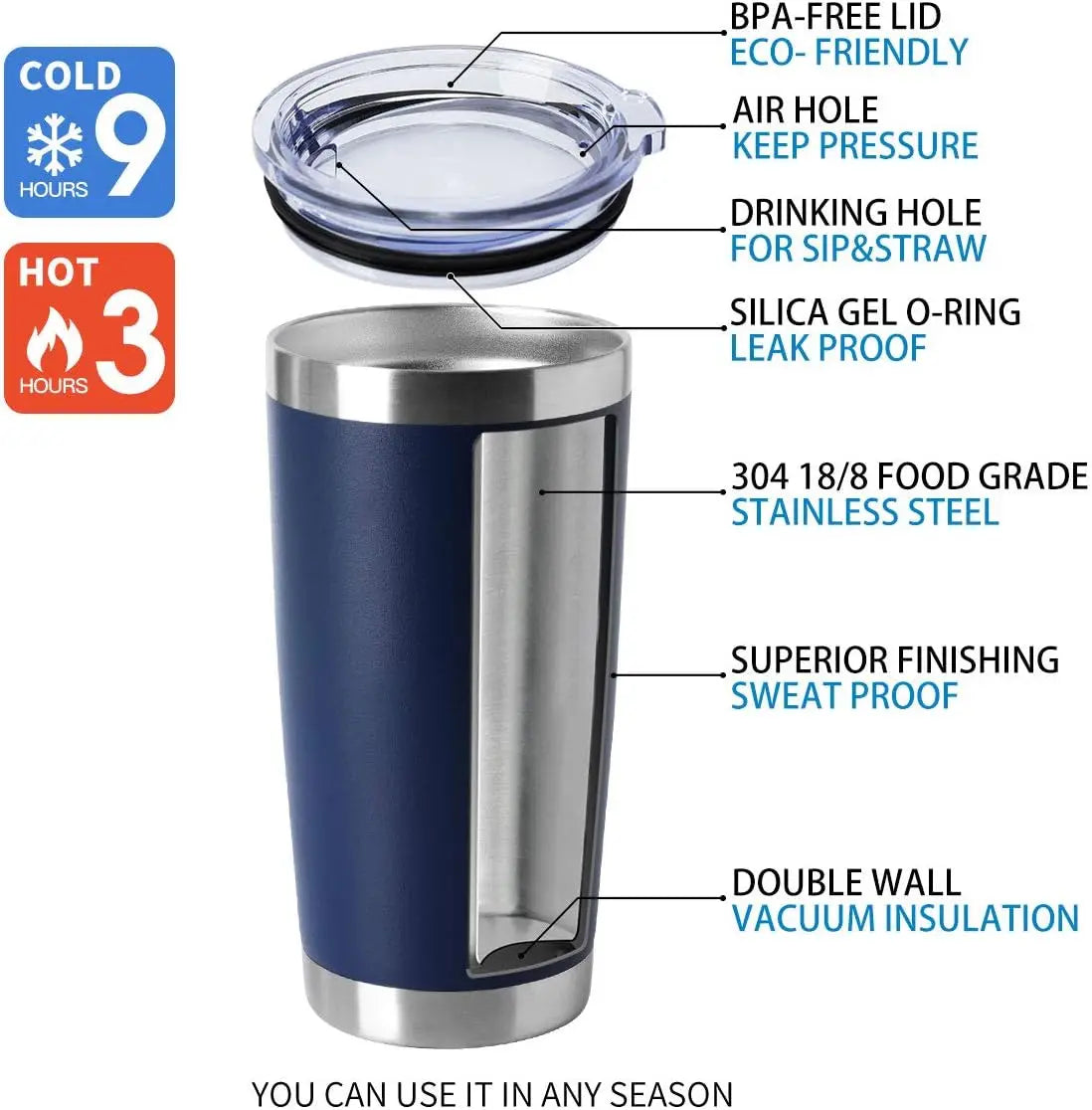 KTX-433107 Stainless Steel Double Wall Vacuum Insulated Travel Cup with Lid - Ideal for Home, Office and Car Use