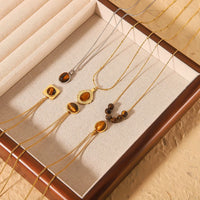 HKM-806035 Vintage Tiger's Eye Stone Pendant Necklace Geometric Opal Stainless Steel Necklace Neutral Fashion Jewelry