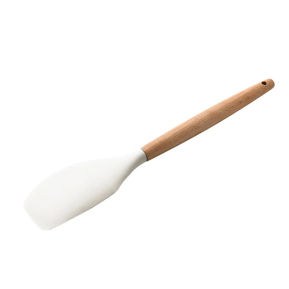KTX-378387 Creamy White Wooden Handle Nonstick Silicone Kitchen Utensils - 11 Piece Cooking Tool Set