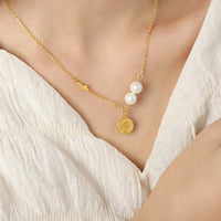 HKM-592467 2024 Exquisite 18K Gold Plated Imitation Pearl Satellite Dainty Chain Tassel Necklace Stainless Steel Jewelry