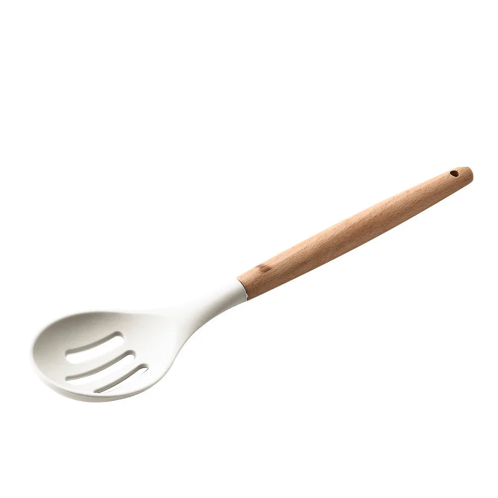 KTX-378387 Creamy White Wooden Handle Nonstick Silicone Kitchen Utensils - 11 Piece Cooking Tool Set