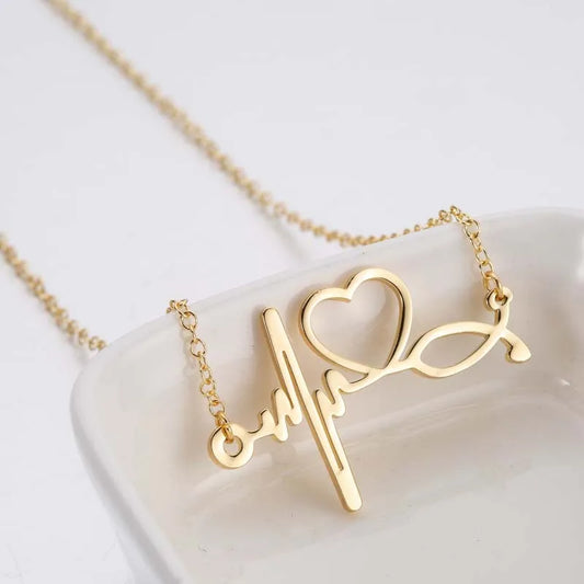 HKM-412819 Trendy Golden Clavicle Chain Necklace Heart Pendant Necklace Stethoscope Heartbeat Necklace for Women