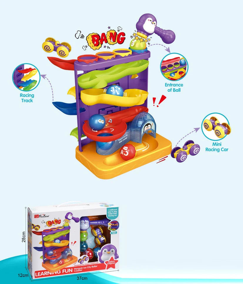 HKM-296531 2 in 1 Penguin Hammer Pounding Ball Ramp Toy for Kids, Educational Roller Coaster Play Set