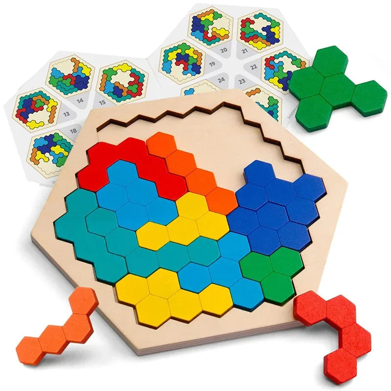 KTX-727891 3D Hexagonal Wooden Puzzle Set for Children – Educational Montessori Tangram Toys