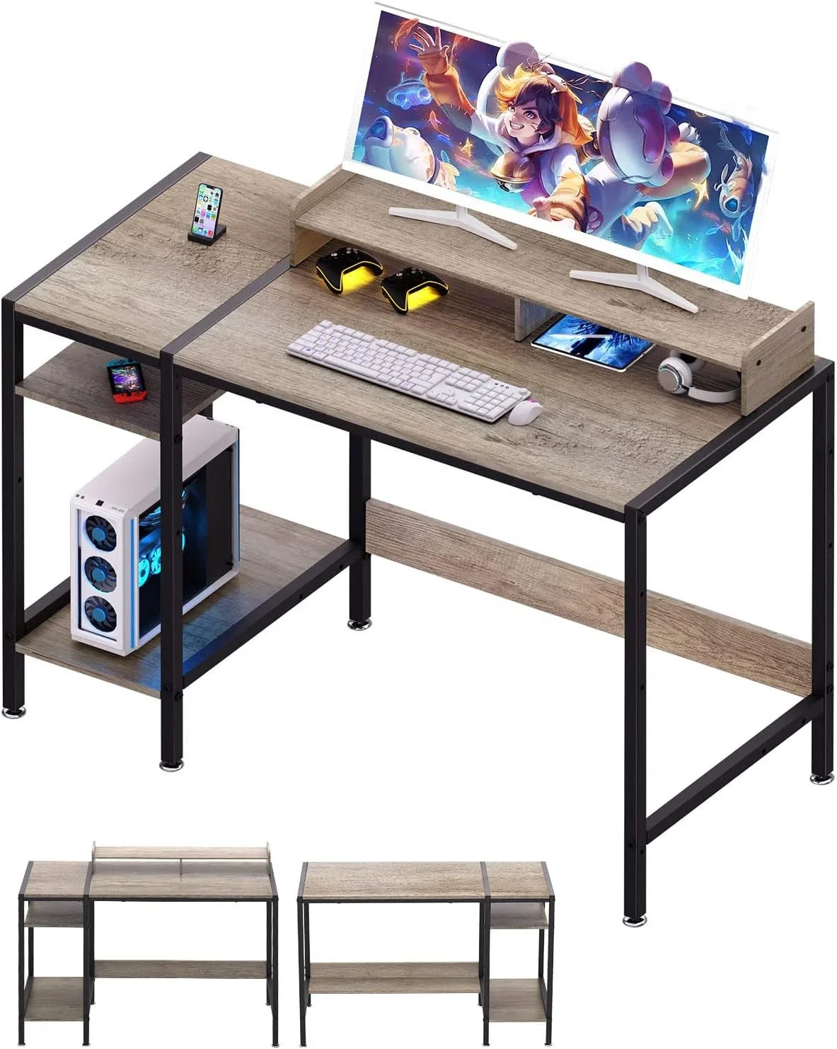 KTX-087763 Adjustable Gaming Computer Desk with Monitor Stand and Storage Solutions