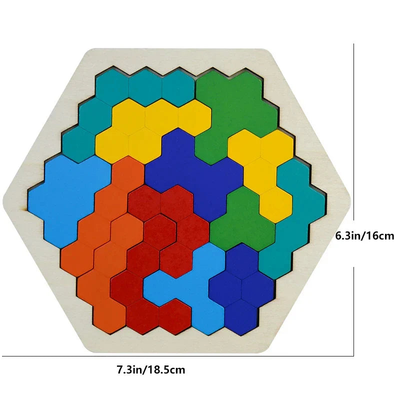 KTX-727891 3D Hexagonal Wooden Puzzle Set for Children – Educational Montessori Tangram Toys