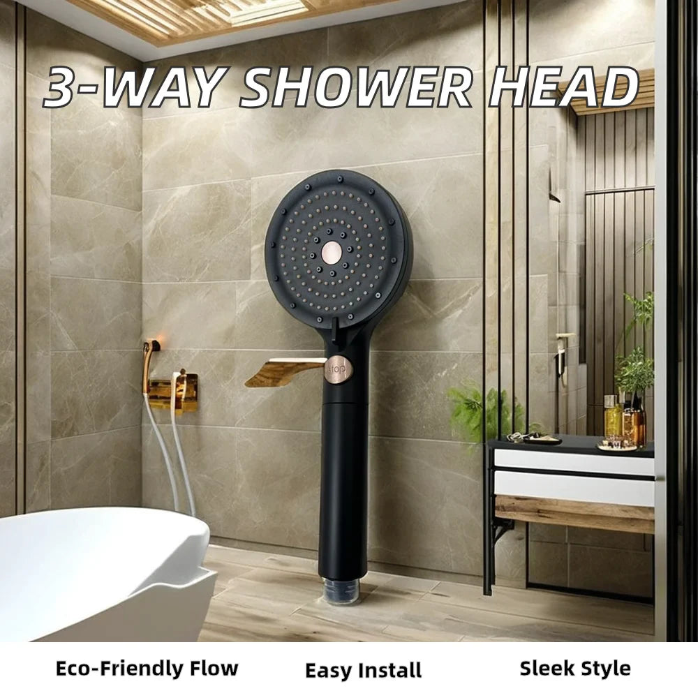 KTX-884563 3-Way Handheld Shower Head in Black ABS with Stop Button for Bathroom Use