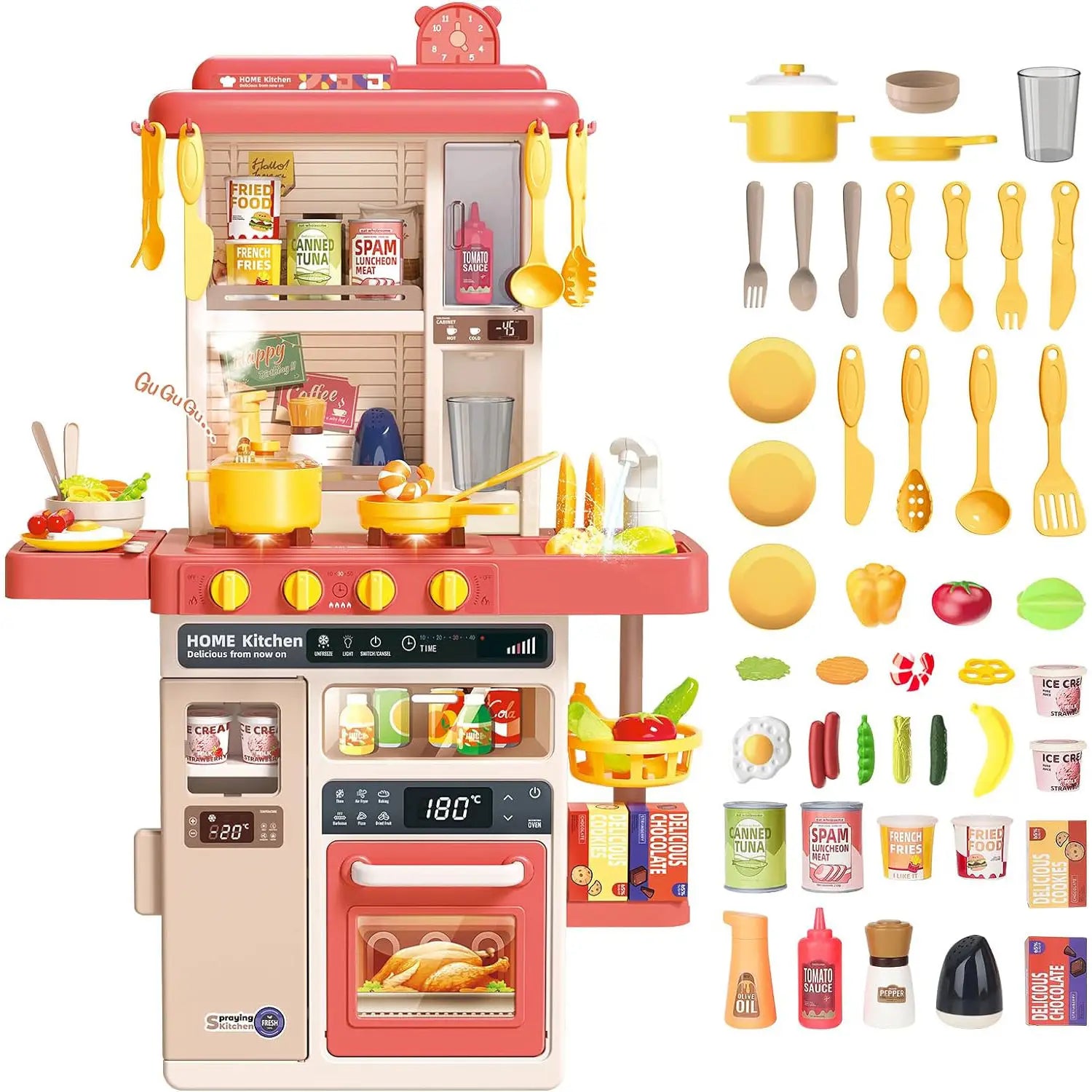 KTX-358611 Kids Kitchen Play Set - 50PCS Cooking Toys with Sounds, Lights, and Spray for Ages 2 to 13